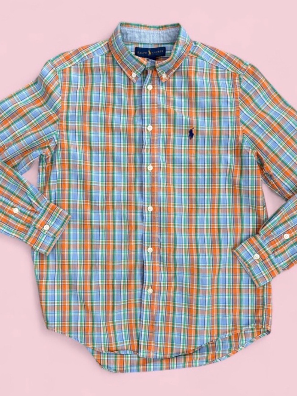 Ralph Lauren Boys Plaid Orange & Blue Button Front Shirt Size Large 14-16